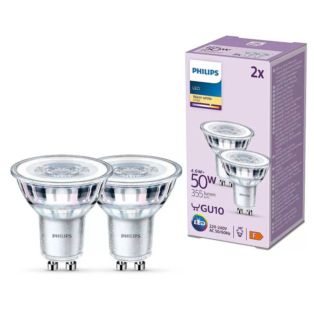 Luminaires Philips Philips Classic Lot De 2 Led Gu10 4,6 Watt 2700 Kelvin 355 Lumen