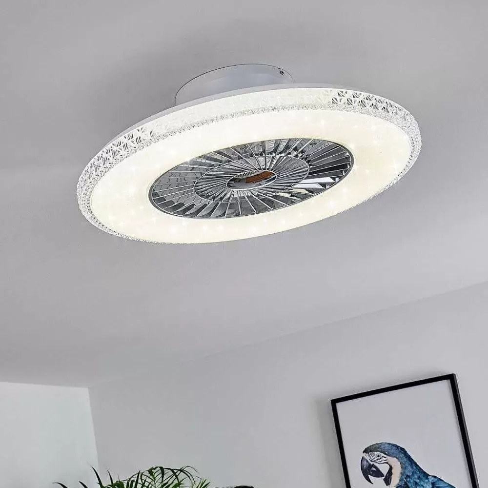 hofstein Ventilateur De Plafond Piacenza Led Chrome, Blanc, 1 Lumiere, Telecommandes